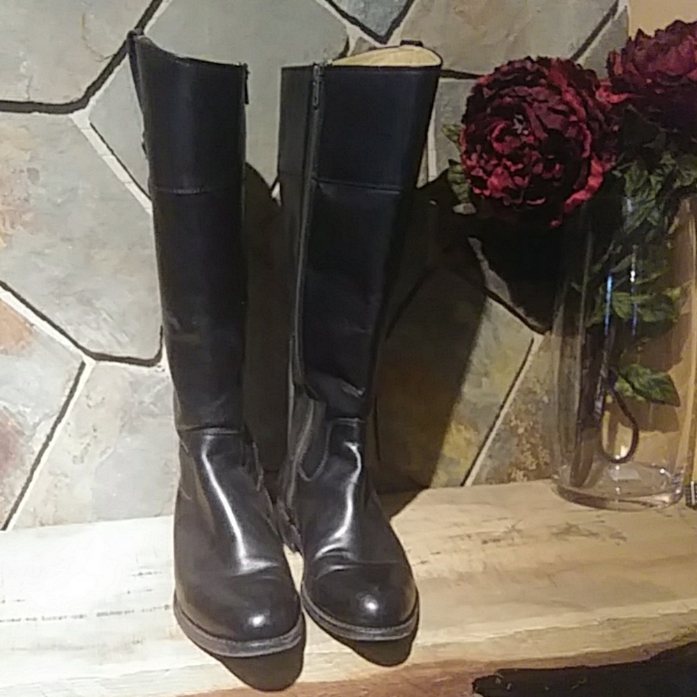 Frye tall black leather boots with zippers